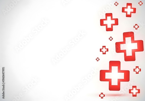 A medical illustration of red crosses floating in air on a white background with a subtle gradient effect giving a sense of depth to the scene.