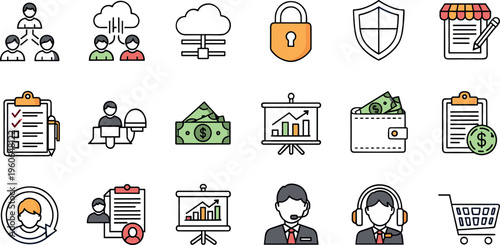 Business and Customer Service Icons Set with Security Finance Support Analytics and E Commerce Elements Flat Vector Illustration Collection