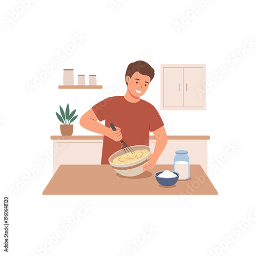 Man prepares breakfast in kitchen with milk and bowl of cereal