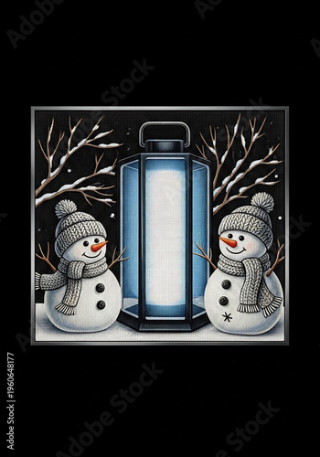 冬の夜、輝くランタンと可愛らしい雪だるまが二つ並んだ温かいイラスト