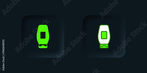 Green Bottle of shampoo icon isolated on black background. Black square button. Vector
