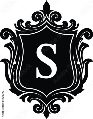 Letter S on Ornate Shield, Black and White Crest for Monogram or Logo