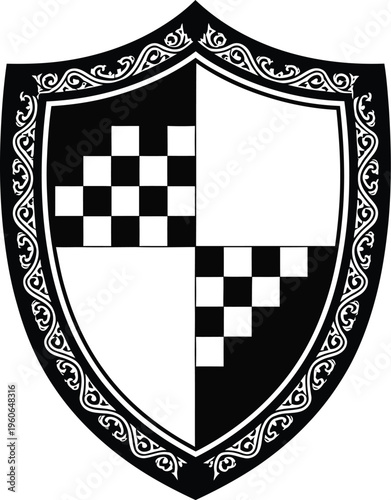 Ornate shield with checkered pattern on a white plain background