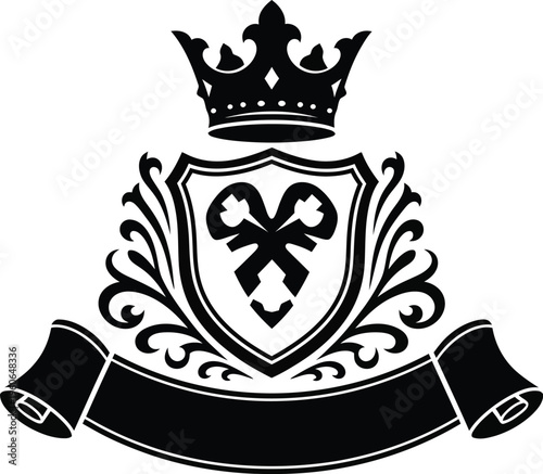 Black heraldic coat of arms with crown, ribbon, and floral ornaments
