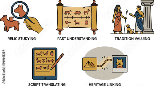 An overview of five historical research and cultural heritage icons depicts relic studying, understanding the past, valuing tradition, translating scripts, and heritage linking.