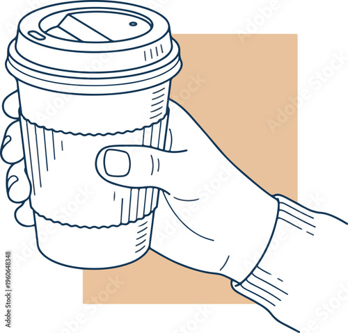 Hand-Drawn Line Art Coffee Break Concept, Hand Drawn Vector Illustration of a Hand Holding a Takeaway Coffee Cup for Morning Routine Concept