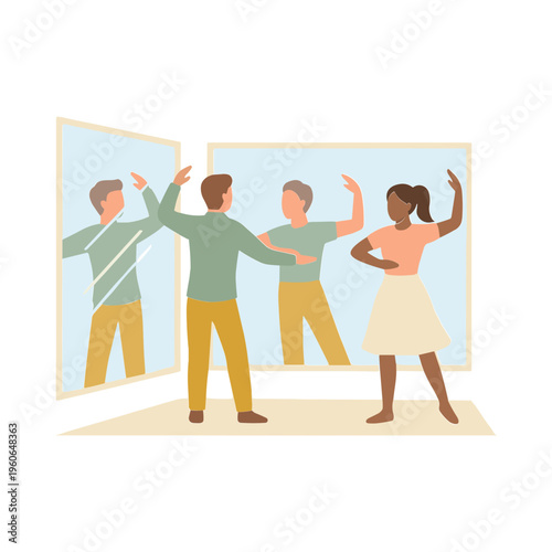 People dancing in front of large mirrors in a studio setting