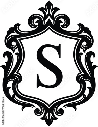 Letter S on Ornate Shield, Heraldic Symbol for Family Crest or Monogram