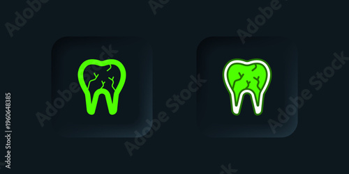 Green Broken tooth icon isolated on black background. Dental problem icon. Dental care symbol. Black square button. Vector