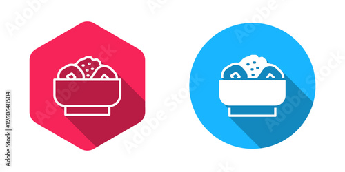 Filled and outline Chow mein on plate icon isolated with long shadow background. Asian food. Vector