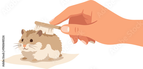 A hand gently brushes a hamster's fur with a soft brush indoors.