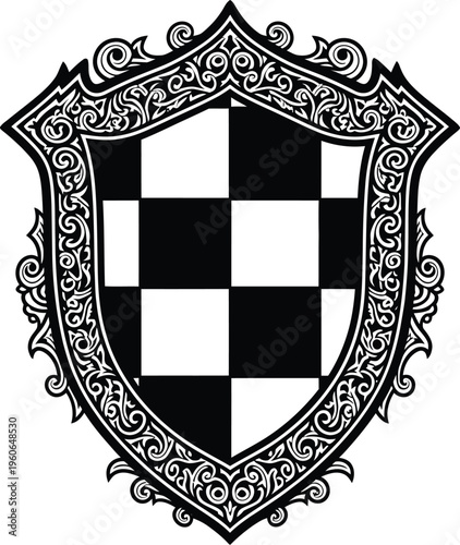 Ornate heraldic shield with checkerboard pattern on a white background