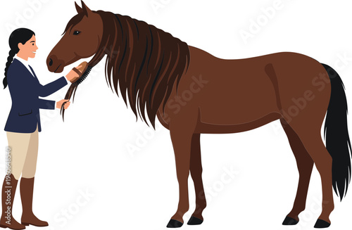 Woman in equestrian gear gently holds a brown horse by the bridle in a stable.