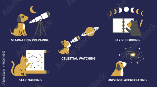 Illustrations depict dogs and cats engaging in astronomical observation, mapping stars, and appreciating the cosmos with various instruments.