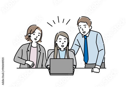 パソコンを操作しながら会話する若いビジネスマン 男女