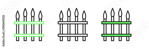 Set line Classic iron fence with metal pillars icon isolated on white background. Ancient wrought iron fence. Vector
