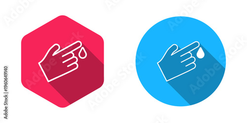 Filled and outline Hand finger with blood drops icon isolated on isolated with long shadow background. Diabetes, sugar blood. Vector