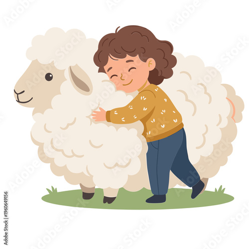A child playfully hugs a sheep on green grass in a field.