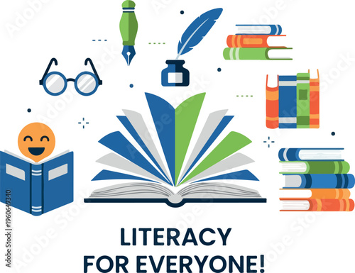 Open book with smiling face and glasses, representing literacy for everyone, along with stacks of books and writing instruments