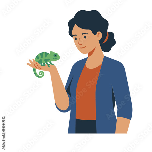 Woman gently holds green chameleon on her hand indoors with care and curiosity.