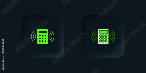 Green Security system control panel with display icon isolated on black background. Keypad of security system for entering inside. Black square button. Vector
