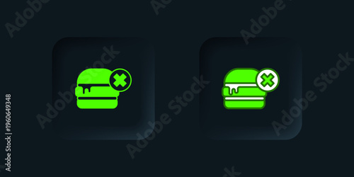 Green No burger icon isolated on black background. Hamburger icon. Cheeseburger sandwich sign. Fast food menu. Black square button. Vector