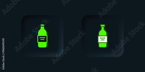 Green Glass bottle of vodka icon isolated on black background. Black square button. Vector