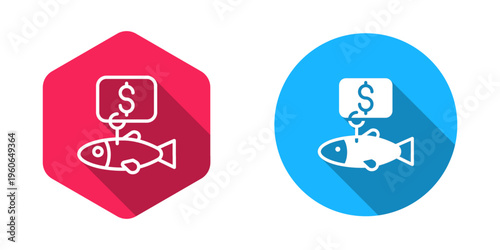 Filled and outline Price tag for fish icon isolated with long shadow background. Vector