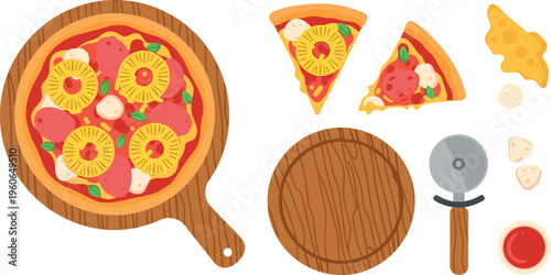 Pizza Ingredients and Cooking Set with Whole Pizza Slices Cutter Board Cheese and Toppings Flat Vector Illustration Collection