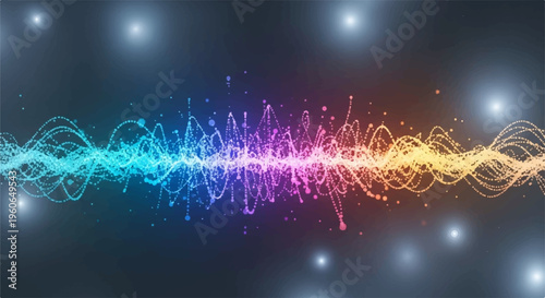 Vibrant multicolor sound wave graphic with glowing lines and sparks on dark background abstract audio visualization