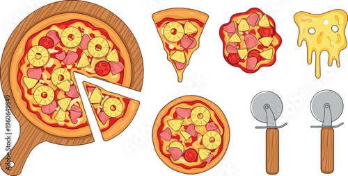 Pizza Preparation Elements Set with Whole Pie Slices Cutters Melted Cheese and Toppings Flat Vector Illustration Collection