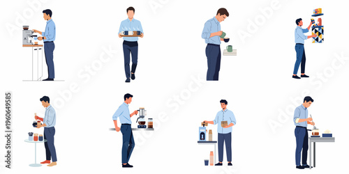A collection of flat vector illustrations featuring a male barista preparing and serving various coffee and tea beverages.