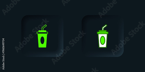 Green Paper glass with drinking straw and water icon isolated on black background. Soda drink glass. Fresh cold beverage symbol. Black square button. Vector