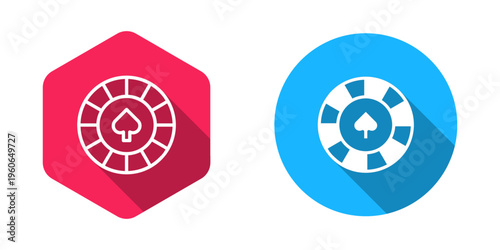 Filled and outline Casino chips icon isolated with long shadow background. Casino gambling. Vector