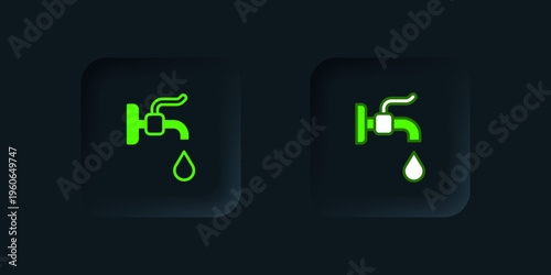 Green Water tap icon isolated on black background. Black square button. Vector