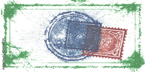 A vintage style graphic featuring overlapping postage stamps and a large circular postal postmark