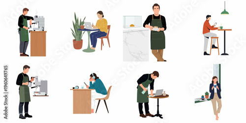 Flat illustration set of cafe scenes featuring professional baristas preparing coffee and people working or relaxing in a modern coffee shop.
