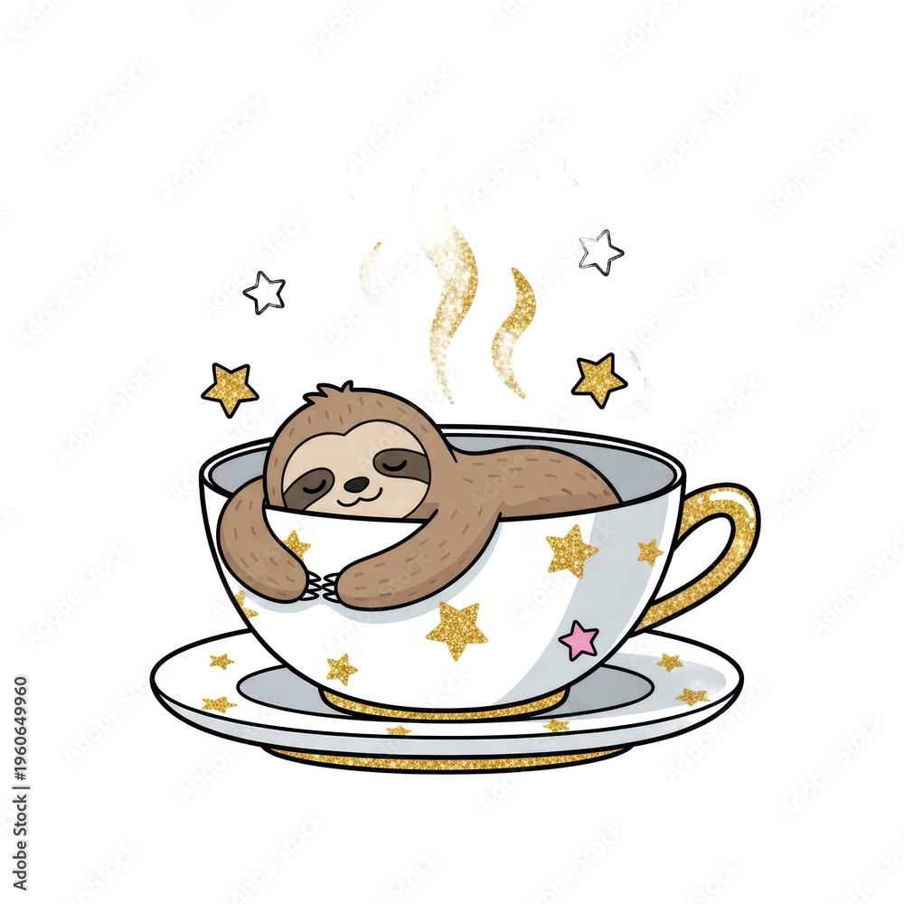 Fototapeta premium Dreamy sloth sleeping in sparkling teacup