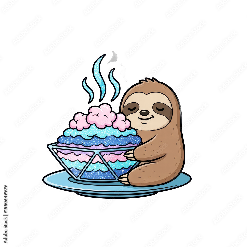 Fototapeta premium Smiling sloth hugging colorful dessert bowl