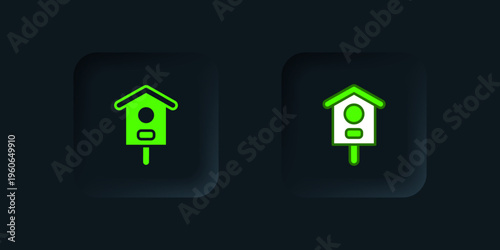 Green Bird house icon isolated on black background. Nesting box birdhouse, homemade building for birds. Black square button. Vector