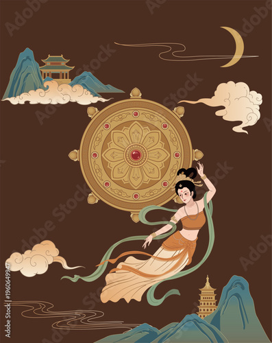 New Chinese style illustration of Dunhuang Flying Apsaras and the Dharma Wheel, featuring classical mythological characters in Guochao aesthetic.
