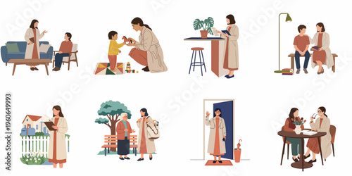 Set of flat vector illustrations featuring a female social worker providing support through home visits, counseling, and community engagement with diverse people.