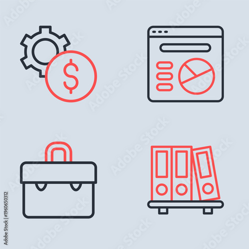 Set line Pie chart infographic, Briefcase, Office folders and Gear with dollar symbol icon. Vector