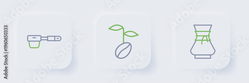 Set line Pour over coffee maker, Coffee beans and filter holder icon. Vector