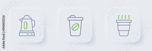 Set line Coffee cup to go, and Electric kettle icon. Vector