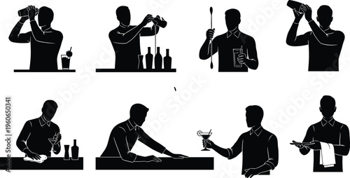 Professional Bartender Silhouette Set Featuring Mixology Techniques Shaking Cocktails Pouring Drinks Stirring And Serving In A Modern Bar Restaurant Hospitality Concept Background
