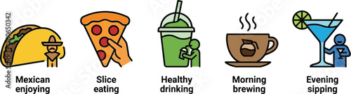 A row of beverage icons illustrates diverse drink options including Mexican food accompaniment, fresh smoothie, hot coffee, and a chilled cocktail.