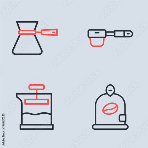Set line Coffee filter holder, French press, Bag coffee beans and turk icon. Vector