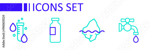 Set line Water tap, Iceberg, Bottle of water and Test tube with drop icon. Vector