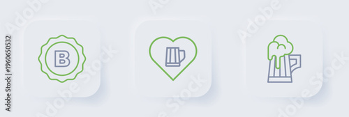 Set line Wooden beer mug, Heart with glass of and Bottle cap icon. Vector